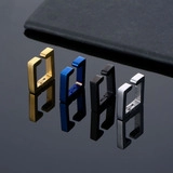 Polished titanium steel square hoop earrings shown in gold, blue, black and silver