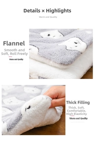 Thick flannel pet mat with cute cat pattern showing the soft plush texture and high elasticity