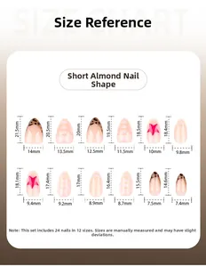 Guide des tailles pour faux ongles amande courts avec étoiles rouges et motifs léopard