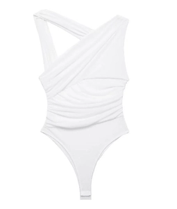 Detail view of white one-shoulder bodysuit with elegant asymmetrical pleated mesh texture