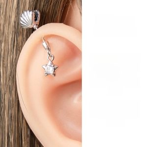 Star charm industrial barbell ear piercing with colorful shell inlay and cubic zirconia