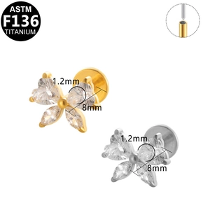 Detail showing 1.2mm butterfly titanium stud piercing with thread structure