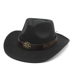 Western Cowboy Hat Vintage Felt Fedora With Leather Band Metal Buckle Rivets Sun Protection Ethnic Style For Men Women