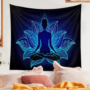 Detail of meditation tapestry with lotus mandala design in a cozy bedroom setting