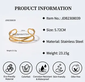 Datos técnicos del brazalete abierto de líneas cruzadas en acero inoxidable dorado