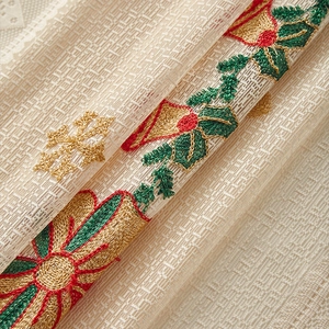 American Christmas lace curtain with bell embroidery on textured beige fabric
