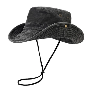 Vintage washed cotton wide brim sun hat with adjustable chin strap and side snaps