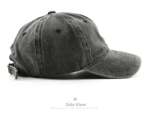 Side view of washed charcoal grey cotton baseball cap with adjustable metal buckle strap