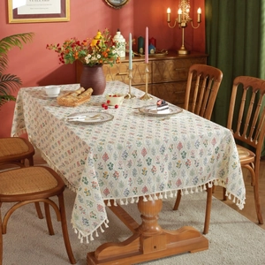 Franse Retro Tafelkleed Bamboe Slub Linnen Bloemenprint Rechthoekig Met Ruffles Kwastjes Voor Keuken Feest Eetkamer Home Decor