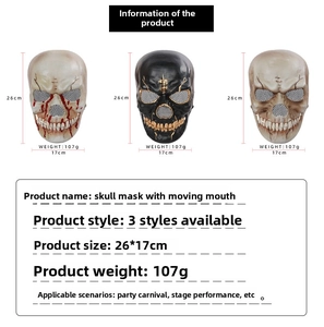 Detailed size chart for moving mouth skull masks showing three styles with dimensions