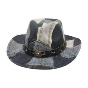 Chapeau Fedora En Patchwork De Denim Rétro Style Cowboy De L'Ouest Avec Badge Tête De Lion En Métal Coton Polyester