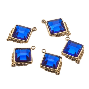 Set of five gold-plated stainless steel pendants with blue square glass for DIY jewelry