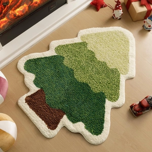 Close-up of Christmas tree shaped bath mat with plush texture on a wooden floor