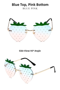 Detail view of strawberry shaped rimless sunglasses with blue-pink gradient lenses