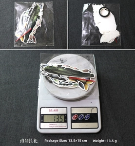 Detailed view of fishing theme party banner stickers with measurements and weight
