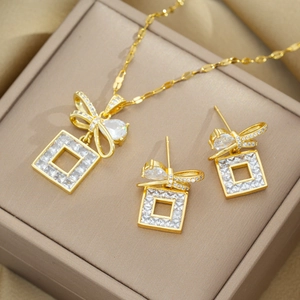 Titanium Steel Gold Plated Bowknot Square Necklace And Earrings Set With Zirconia For Women Elegant Fashion Jewelry Gift