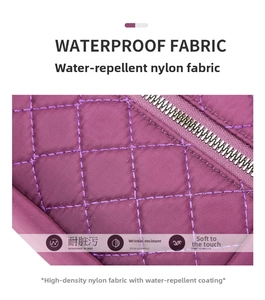 Close-up of waterproof purple quilted nylon fabric with durable silver zipper details