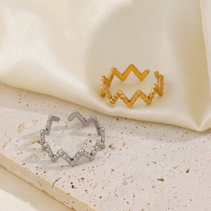 Minimalist irregular wave-shaped beaded stainless steel open rings in gold and silver