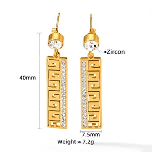 Gold rectangular drop earrings with Greek Meander pattern and white zircon stones