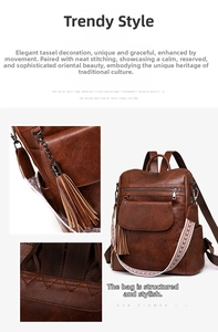 Detail of vintage brown leather backpack with tassel charm and woven shoulder strap