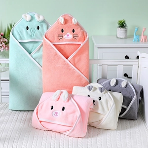 Soft coral fleece hooded baby bath towels with cute animal embroidery in five colors