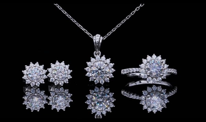 Luxury moissanite sunflower jewelry set with necklace earrings and ring on black background