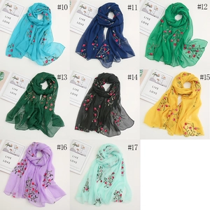 Detailed grid view showcasing eight colorful floral embroidered chiffon sun protection scarves