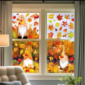 Thanksgiving window clings featuring autumn gnomes and colorful maple leaves stickers