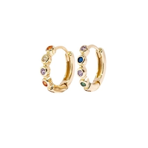 Chic gold hoop earrings with multi-colored crystals and secure hinged closure for women