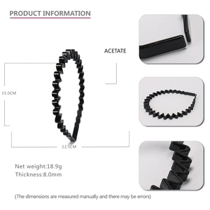 Elegant wavy black acetate headband with 8mm thickness and detailed product dimensions
