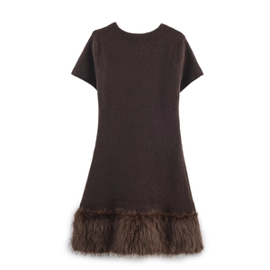 Brown short sleeve knit dress with faux fur trim hem on a clean white background