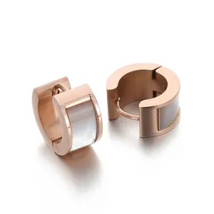 Boucles D'oreilles Créoles En Acier Inoxydable Avec Incrustation De Nacre Géométrique Minimaliste Huggie Pour Femmes