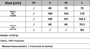 Size chart for women's collarless blazer and pants set with 100% polyester fabric details