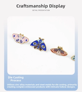 Detail view of colorful moth enamel pin with zinc alloy texture and hollow carving
