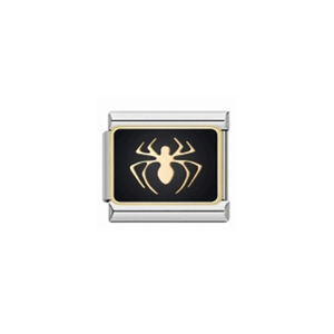 Italian modular charm in stainless steel featuring a golden spider design on black base