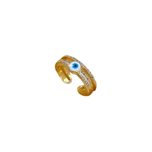 Golden double-layered evil eye ring with sparkling zircon pavé in an open design