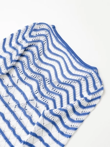 Nahaufnahme des blau-weiß gewellten Strickkleids mit feiner Lochmuster-Struktur