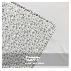 Macro shot of white star pattern woven texture and detailed stitching on the crossbody bag