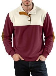Detail of color-block corduroy polo sweatshirt with elbow patches and ribbed texture