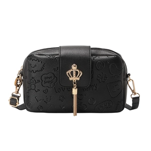 Black embossed square shoulder bag with gold crown buckle and tassel decoration