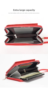 Detail of red multi-slot crossbody phone bag with internal compartments for cards and cash