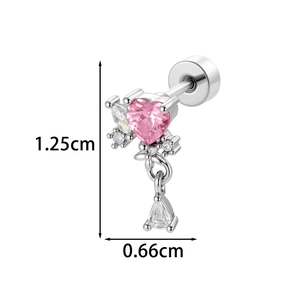 Exquisite silver heart and teardrop zircon stud earring measuring 1.25cm by 0.66cm
