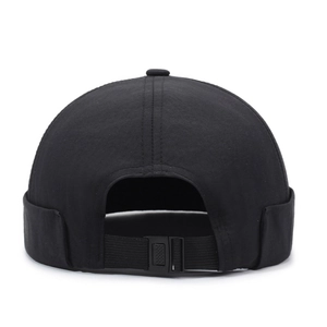Black lightweight docker hat with adjustable back strap and plastic buckle detail