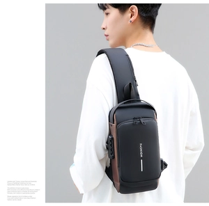 Rear view of man wearing anti-theft sling bag with combination lock and USB port