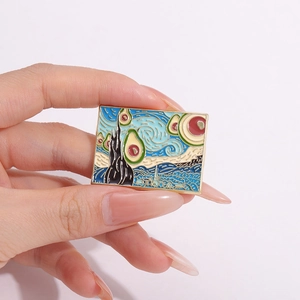 Artistic Van Gogh Starry Night avocado enamel pin with geometric gold plating frame