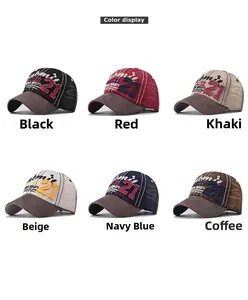 Multi-color vintage washed baseball caps display showing 6 colors with 21 patch embroidery