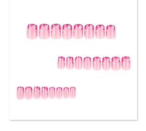 Detailed set of 24 pieces short square fake nails with pink gradient and white flower patterns