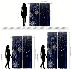 Size chart showing three lengths of dark blue velvet Christmas curtains with snowflakes