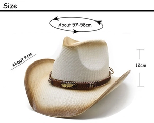 Spécifications de taille du chapeau de cowboy en paille avec bord de 9cm et plume