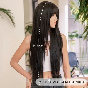 34-inch long straight black hair wig with bangs featuring high-quality synthetic fibers